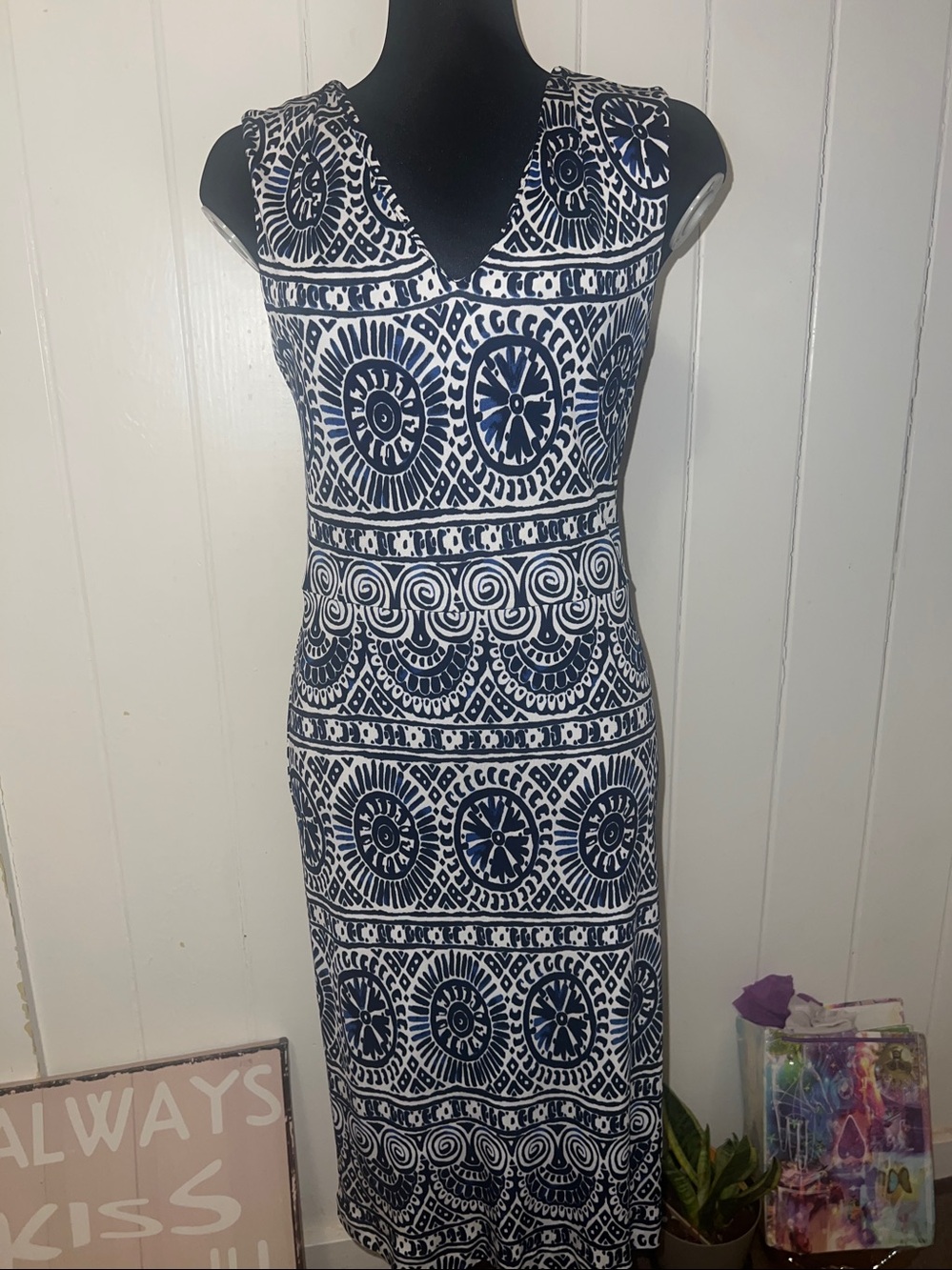 ❤️💕 Tori burch Sleeveless Navy and White Patterned V-Neck Dress S